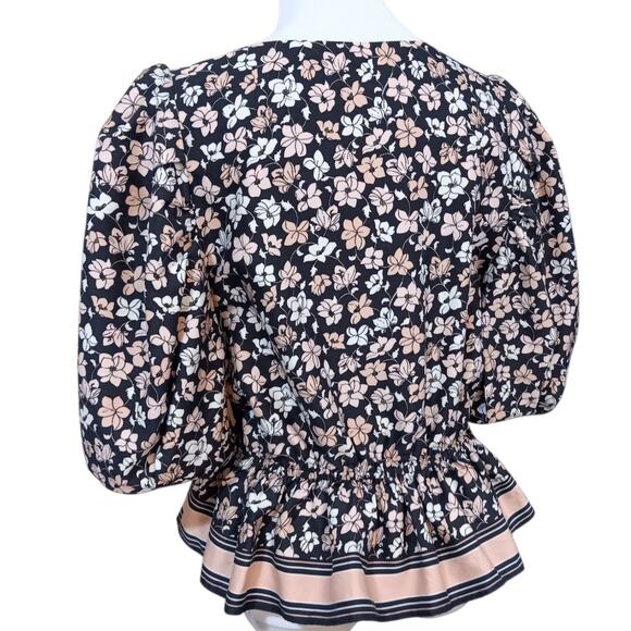CLUB MONACO Floral‎ Blouse Top L Peplum Puff Short Sleeves Pink Black Cottage - Picture 11 of 11